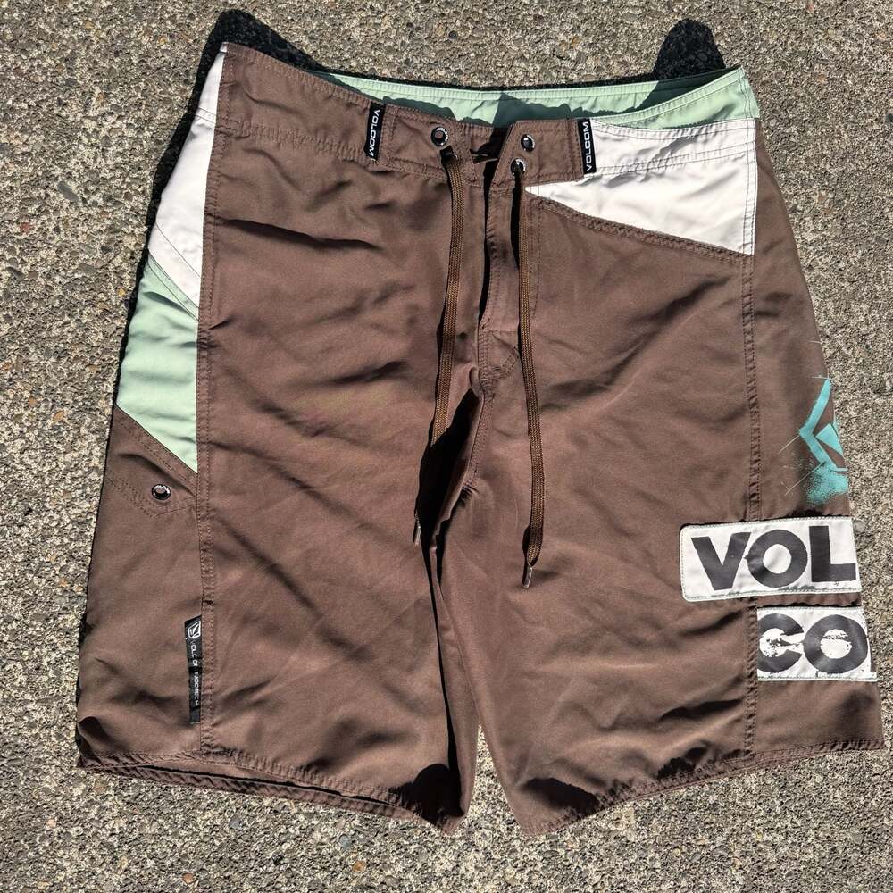 Volcom Mod-Tech Men's Board Shorts Brown Green Size 34 vintage surf style y2k